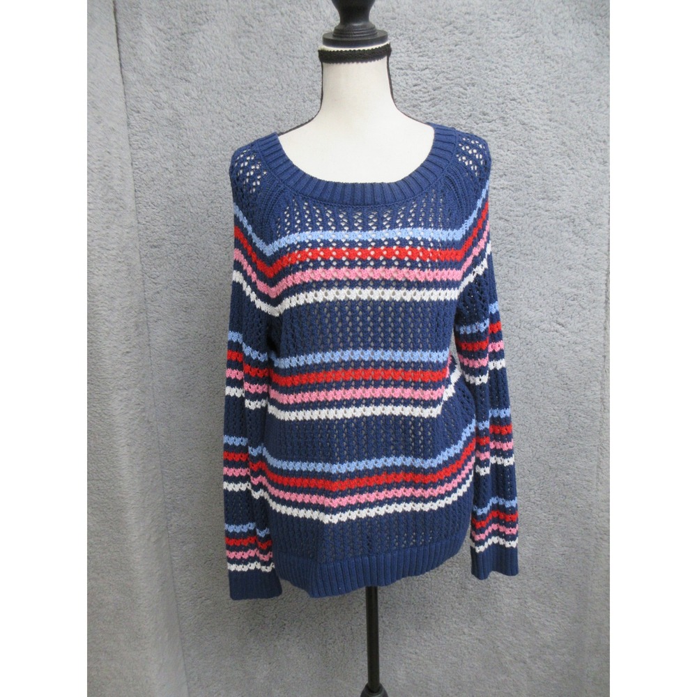 Talbots Crochet Sweater Womens M Blue Striped Nautical Coastal Preppy Open Knit